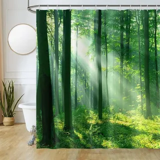 Duschvorhang 180x200cm, Uiiooazy Duschvorhang Anti Schimmel Grüne Blätter Wald Pflanzen Baum Landschaft Motiv Duschvorhänge Stoff Waschbar Wasserdicht Polyester Bad Vorhang mit 12 Haken für Badezimmer