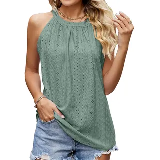 BKEPDY Damen Neckholder Sommer Spaghetti Tops Ärmellose Tank Tops Racerback Rundhals Basic Slim Fit Shirts Elegant Oberteile Ribbed Knit Cami Top Sexy (Grün L) - Einheitsgröße