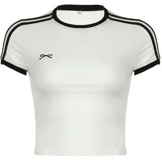 Juketron Crop Top mit kontrastierender bestickter Schleife für Damen, lässig, gestreifter Druck, kurzärmelig, schmales weißes T-Shirt, lässige Streetwear