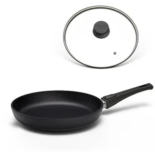 Hoffmann Germany Bratpfanne STONIQ PFAS-frei Ø 26 cm Aluguss Pfanne Induktion – Made in Germany, Aluguss (Set, 2-tlg., 1x Bratpfanne Ø 26 cm + 1x Deckel), abnehmbarer Griff, backofenfest 300°C, spülmaschinengeeignet, 1,1 l schwarz Ø 26 cm