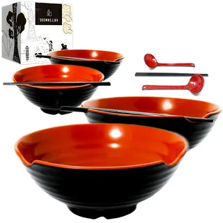 4 XL-Schüssel-Set, 16-teiliges Pho-Schüssel-Set, 1500 ml. Ramenschalen mit schwarzen XL-Löffeln, Essstäbchen und Saucenschalen. Restaurant-Qualität Melamin, Thai, Ramen, chinesisches Geschirr.