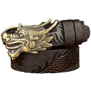 YOPADO Embossed Drache Pattern Echtleder Gürtel Herren/Junge Vintage Western Prägung Handgemachtes Ledergürtel Druckknöpfe Verschluss(115cm/waist:39", Coffee)