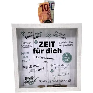 BUSDUGA 4369 Sparkasse Bilderrahmen Zeit für Dich, 20x20x5cm, Spardose Geldgeschenk (Holzoptik weiß)