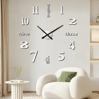 Aolso 3D XXL Wandaufkleber Uhren, DIY Rahmenlose Große Moderne Wanduhr, Acryl Wanduhren zum Kleben Geeignet für Wohnzimmer Küche Schlafzimmer (60-120cm)-Silber