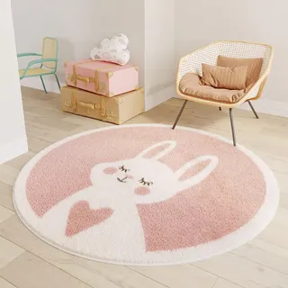 iyoimono Rund Teppich Rosa Hase Teppich für Wohnzimmer Kinderzimmer Teppich 100 cm Runder Beige Outdoor Teppiche Kinderteppich Dekorative Kurzer Plüsch Teppich Runder Fußmatte