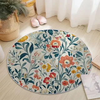 Generisch Teppich Rund Modern rutschfest Waschbar Schlafzimmer Teppiche, Innenbereich Traditionelle Vintage-Blumen Runder Teppich fürs Wohnzimmer Flur Kinderzimmer Büro, 90 cm, Bunt