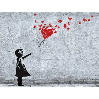 1art1 Mädchen Poster Mädchen Mit Luftballon Und Schmetterlingen, Banksy-Style Kunstdruck Bild 80x60 cm