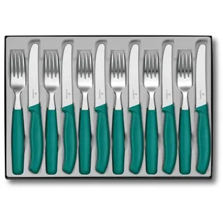 Victorinox Classic Tafelbesteck Set, 12-teilig, Messer und Gabeln, Grün | Besteck-Set für 6 Personen, mit 6 Tafelmesser mit Wellenschliff und 6 Tafelgabeln, Rostfreier Stahl, Spülmaschinenfest
