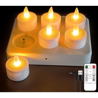 Rikiss LED Wiederaufladbar Kerzen mit Timerfunktion, Kann 40 Stunden arbeiten,Flammenlose kerzen mit Fernbedienung Flackernde Led Teelichter,Gelb,6Stück