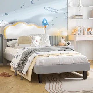 UwvEranthropy Polsterbett Einzelbett 90x200 cm für Kinder, Mädchenbett mit LED Beleuchtung & App-Steuerung, Kinderbett im Wolken-Design, Höhenverstellbares Kopfteil, Samt Grau & Weiß
