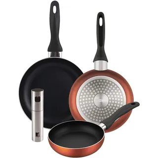 BERGNER - Set aus 3 Pfannen Ø16/20/24cm aus gepresstem Aluminium in metallic-copper mit Öl-/Essigsprüher Ø4x17,5 cm aus Edelstahl