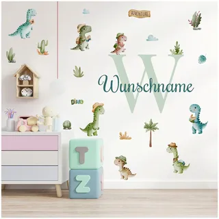 Wandsticker personalisiert Sticker Aquarell Tiere mit Name Wandtattoo für Kinderzimmer Babyzimmer Spielzimmer Mädchen Junge Y037 (Nr. 9 Dinos, Mit Wunschname)