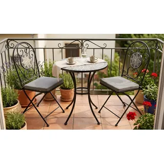 Balkon Bistro Set Funchal 3-teilig rund - Terrassenset Eisen/Polyester, Schwarz, Grau, Weiß - platzsparende Balkonmöbel - Balkonset für Terrassen