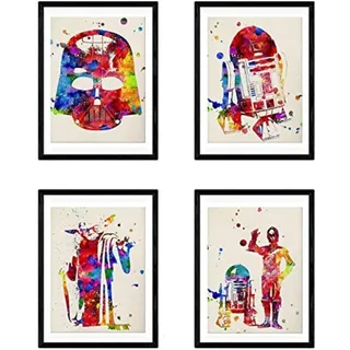 POSTER Set mit 4 Star Wars Film Darth Vader, Yoda, R2D2 und C3PO A4 Schwarzer Rahmen