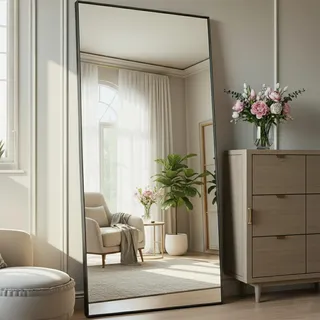 Aplancee Ganzkörperspiegel 180x80 cm, Standspiegel, Wandspiegel, Schwarz | Zum Anlehnen oder Aufhängen: Großer rechteckiger HD-Spiegel mit Metallrahmen für Flur, Schlafzimmer und Wohnzimmer