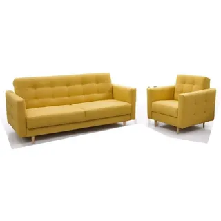 MOEBLO Polstergarnitur SCARLETT 3+1, (Klappsofa Bettfunktion Couch Wohnzimmer, Polstergarnituren Sofa mit Sessel Schlafsofa Kippsofa), mit Schlaffunktion und Bettkasten gelb