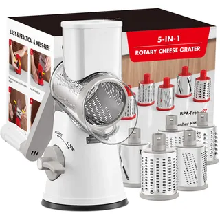 GDL Käsereibe mit Kurbel, Reibe mit 5 Klingen, Trommelreibe Gemüseschneider | Käse und Gemüsereibe, Schnelles Schneiden, Einfache Reinigung, Starker Saugfuß, Vielseitigkeit, NO BPA, Ergonomischer Griff