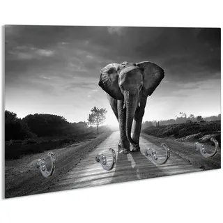 Wallario Schlüsselbrett Elefant bei Sonnenaufgang in Afrika schwarzweiß, (inkl. Aufhängeset), 30x20cm, aus ESG-Sicherheitsglas schwarz