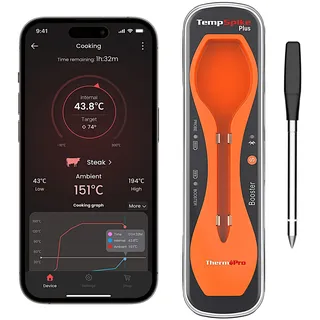 TempPro Fleischthermometer Kabellos Grillthermometer mit Ultradünne Sonde | Bratenthermometer Bluetooth 5.2 140 m Reichweite, dünne IP67 Wasserdicht Sonde ±1 °C genau, 40 Std. Akku ( Ex-ThermoPro )