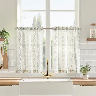 Vangao Scheibengardinen Modern Küche Boho Gestreift Leinenoptik Bistrogardine 2er Set 65Bx60Hcm Geometrisch Vorhänge mit Stangendurchzug Küchen Gardinen kurz Wohnwagen Lichtdurchlässig Grau und Beige