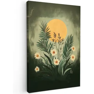 OnlyWow© Gartenbilder Außen 100x150 cm Leinwand Außenbereich Outdoor Wall Art Decoration Wand Terrasse Deko Wetterfest Poster Blumen - Blätter - Sonne - Grün
