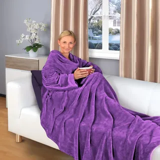 Gräfenstayn® Kuscheldecke mit Ärmeln und Fußtasche - Flauschige Decke zum anziehen - Öko-tex Standard 100 - Ärmeldecke für Damen & Herren - TV-Decke (Lila, 180x150cm)
