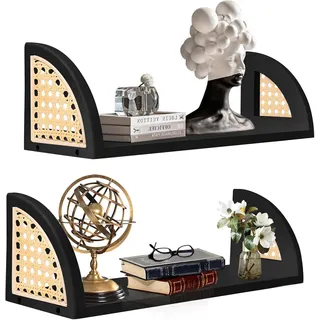 Set Mit 2 Schwebenden Wandregalen Aus Rattan – Im Bohème-stil – Für Pflanzen Und Dekoration – Wanddeko Im Bohème-stil Für Wohnzimmer, Bad Und Küche – Schwarz