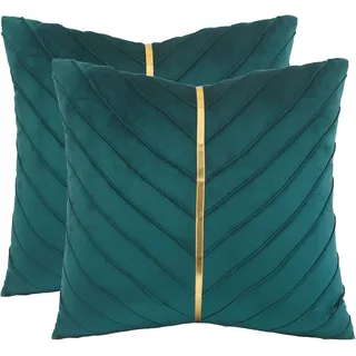 Bebusingoto Samt-zierkissen In Pfauenblau, 45 X 45 Cm, 2er-pack Mit Goldenen Zierkissen Aus Leder, Modernes Luxus-sofakissen