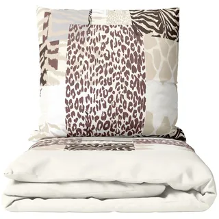 Leonado Vicenti Bettwäsche 135x200 cm flauschig warm, Fleece, 4 teilig, Tierdruck im Patchwork Stil Leopard & Zebra beige
