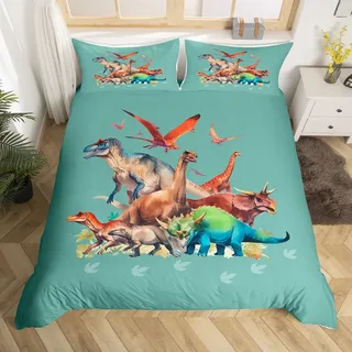 Loussiesd Dino Bettwäsche Set 135x200cm Kinder Dinosaurier Bettbezug Set 3D Dino Druck Betten Set Wildtiere Bettwäsche-Set Grün Bettwäsche Jungen Mädchen Bettbezug Atmungsaktiv Raumdekoration