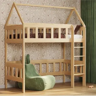 Loft Bed Hausbett Etagenbett Kinder Hochbett Mit Treppe Kinderhochbett Hoch Bett Erwachsene Jugendliche, 80x190 natürlich