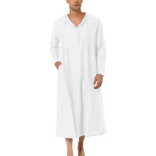 WKZSXXMJ Herren-Nachthemd mit Kapuze Langes Schlafhemd Kaftan-Bademantel aus Baumwolle mit Knöpfen und Langen Ärmeln Loungewear-Nachthemd Pyjama(White,XL) - XL