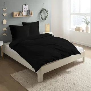 Carpe Sonno Biber Bettwäsche 155 x 220 cm Baumwolle - 2tlg Bettwäsche Winter - Set aus Deckenbezug mit Reißverschluss + Kissenbezug - Flauschige Winter Bettwäsche Flanell - Schwarz