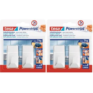 tesa Powerstrips Haken Large ECKIG - Selbstklebender Wandhaken für Glas, Kacheln, Holz, Kunststoff und andere Untergründe - Weiß (Packung mit 2)