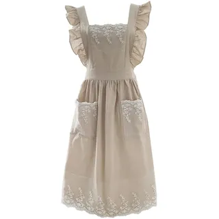 CBBEONRN Schürzen Frauen Retro Baumwolle Schürze Japanisch Stil Rüschen Schurz Mit Taschen Kreuz Rücken Schürzen Blume Laden Cafe Backen Beiläufig Schürze Beige,One Size