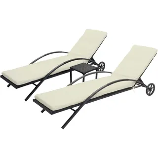2er-set Sonnenliege Hhg-284, Relaxliege Gartenliege, Poly-rattan Schwarz, Kissen Creme-beige