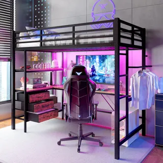 Merax Hochbett mit Schreibtisch 90x200 cm, Metallbett Kinderbett mit Schubladen und Regalen, Bettgestell mit LED-Beleuchtung, Steckdosen & USB - Für Kinder/Erwachsene, ohne Matratze, Schwarz