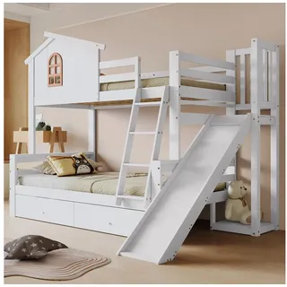 Merax Etagenbett 90x200/120x200cm (1-St), Massivholz Hochbett Kinderbett mit Rutsche Fenster Stauraum & Leiter weiß