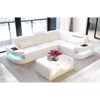 Sofa Dreams Ecksofa Como L Form Leder, Couch, mit LED, wahlweise mit Bettfunktion als Schlafsofa, Designersofa weiß