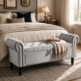 Clevich Sitzbank mit Stauraum 133 cm, Sofa Bench mit Gasdruckfeder | Samt Polsterbank Bettbank Hellgrau, Aufbewahrungsbank mit Holzbeinen, Stauraumbank für Schlafzimmer, Wohnzimmer