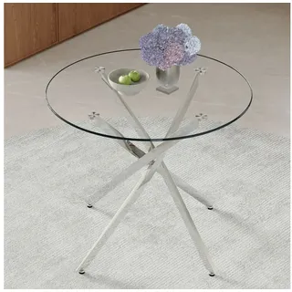REDOM Esstisch Küchentisch (Moderner runder Esszimmertisch 88 cm aus gehärtetem Glas), mit Metallgestell im leichten Luxus-Design silberfarben