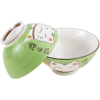 lachineuse - 2 Suppen- oder Ramen-Schalen – Design Maneki Neko – Duo Grün – Mehrzweck-Schalen – Porzellan – japanische Dekoration – Geschenkidee Japan Asien