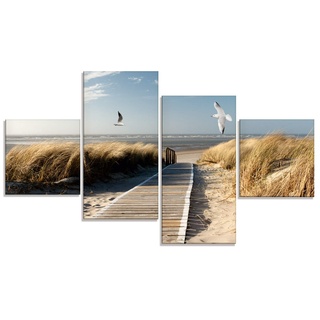 ARTland Glasbilder Wandbild Glas Bild Set 4 teilig 120x70 cm Querformat Strand Meer Nordsee Küste Möwen Himmel Steg Natur Landschaft Dünen T9NJ