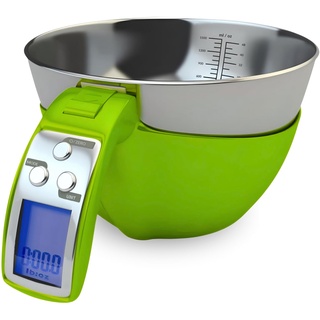 Fradel Digitale Küchenwaage mit Schüssel (abnehmbar) und Messbecher – Edelstahl, Hintergrundbeleuchtung, 5 kg Kapazität – Kochen, Backen, Fitnessstudio, Diät – präzise Messung (grün)