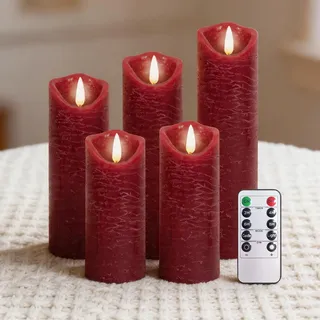 PinnWaa LED Kerzen [5 Stück] Flammenlose Kerzenhalter, 10-Tasten Fernbedienung Timer, Flammenlose Kerzen, Realistisch Flackernde Batteriebetriebene Dekorations LED Stabkerzen - Rot