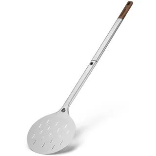 BURNHARD® Pizzawender Pizza Turning Peel rund | Perforierte Alu-Pizzaschaufel, Akazienholz-Griff, Steckmechanismus, temperaturbeständig, 95x18x1,6 cm
