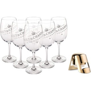 Moët & Chandon Champagner Big Glas (durchsichtig) Gläser Set Ice Imperial Echtglas klar mit weißem Schriftzug (6 Stück) + Moet Flaschenverschluss (Edelstahl)