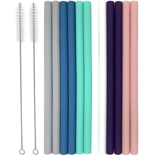 Senneny Silikon-Trinkhalme, wiederverwendbar, BPA-frei, extra lang, mit Reinigungsbürsten, 12 Stück, gerade, 8 mm Durchmesser, 12 Stück