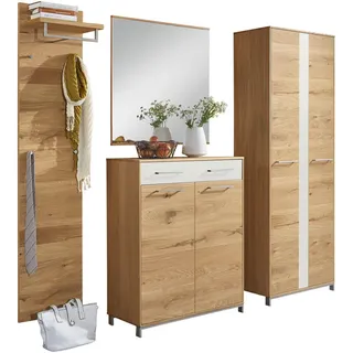 Garderobe, Weiß, Eiche, Holz, Glas, 4-teilig, Eiche, Balkeneiche, furniert, teilmassiv, 220x195x31 cm, Goldenes M, Made in Germany, DGM-Klimapakt, Garderobe, Garderoben-Sets & Serien, Garderoben-Sets