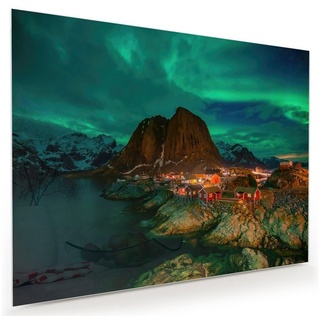 Primedeco Glasbild Wandbild Naturlandschaft Nordlicht Lofoten mit Aufhängung, Berge 100 cm x 75 cm